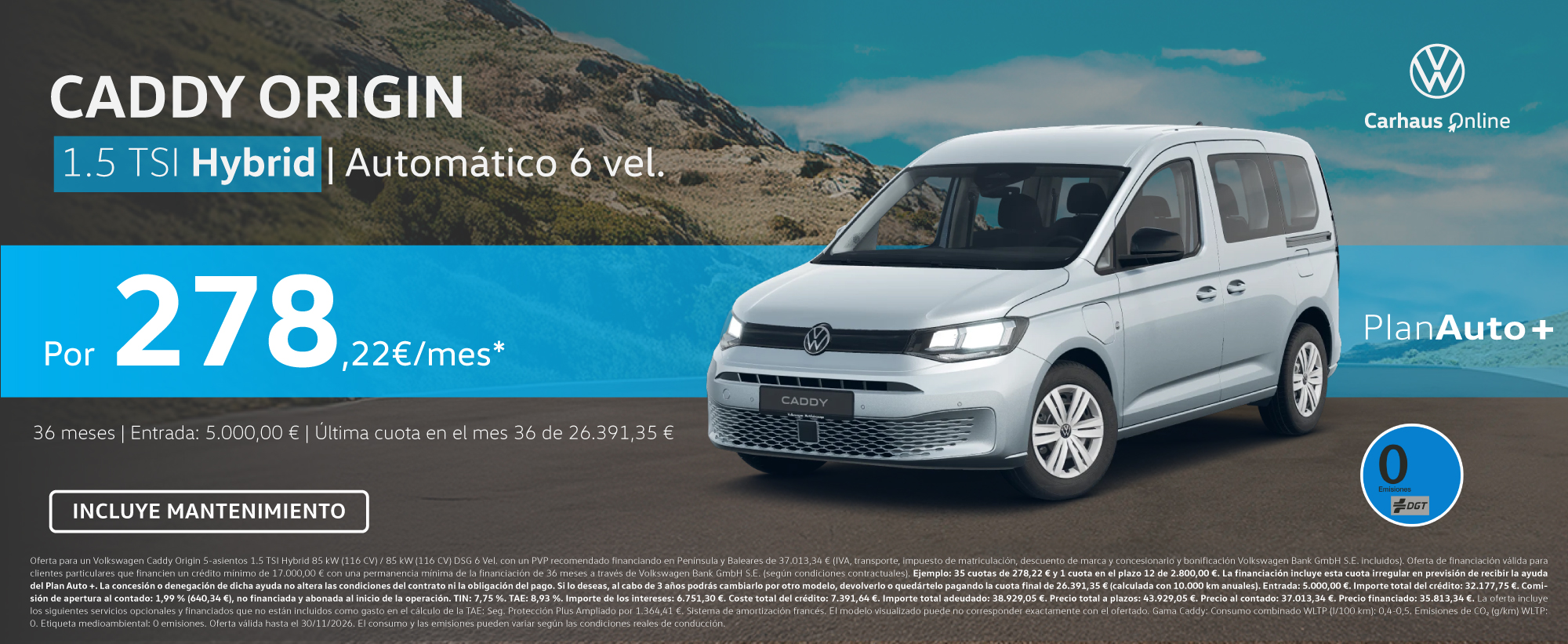 Volkswagen Caddy Origin eHybrid automática por 278,22 €/mes